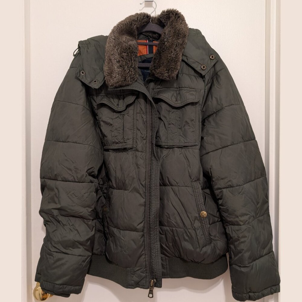Tommy Hilfiger Puffer Bomber Jacket with Faux Fur Collar and Removable Hood, L